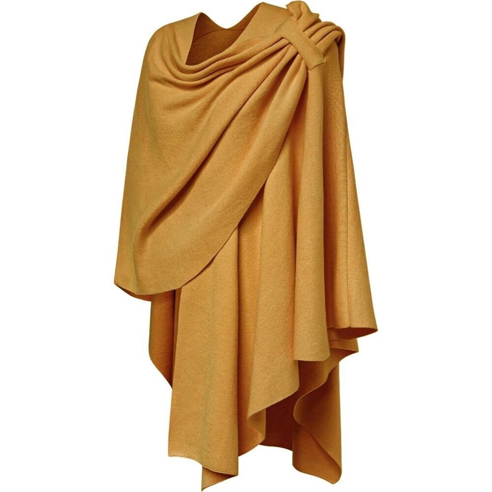 Women 1-ginger Yellow Cross Front Poncho Sweater Wrap Knitted Elegant Shawls Cap - Picture 4 of 5